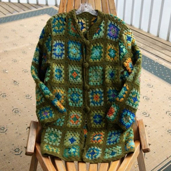 Vintage Sweaters - Handmade Vintage Granny Square Cardigan Bright Colors